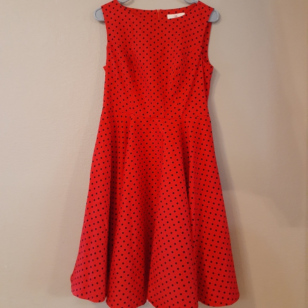 Grace Karin Pinup Fit and Flare Red with Black Polka Dots Dress Large